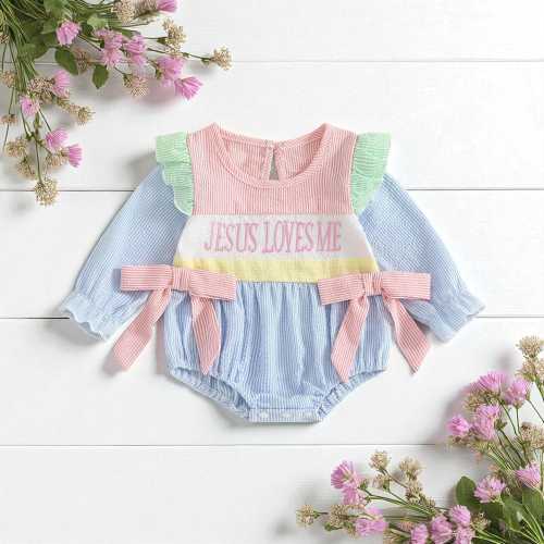 Baby Jesus Loves Me Striped Romper, Baby Flying Sleeve Embroidery Letter Outfit, Minimalist Casual Baby Fall Romper, Baby Shower Gift