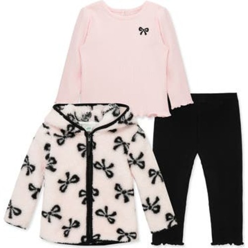Little Me Bow Faux Shearling Jacket, T-Shirt & Pants Set | Nordstromrack