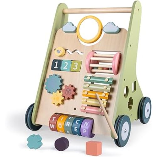 Wooden Baby Walker with Wheels, Baby Walker for Boys 6-12 Months Push Toy, Montessori Walking Toys for 1 Year Old Activity Center