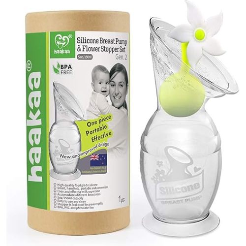 Haakaa Silicone Breast Pump with Suction Base and Flower Stopper 100% Food Grade Silicone BPA PVC and Phthalate Free (5oz/150ml) (White)