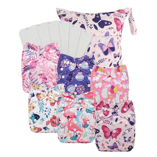 Babygoal Baby Cloth Diaper 6 Pack with 6pcs Inserts and Wet Bag for Fitted Diapers and Prefolds, Adjustable and Reusable Covers for Toddler Boys and Girls