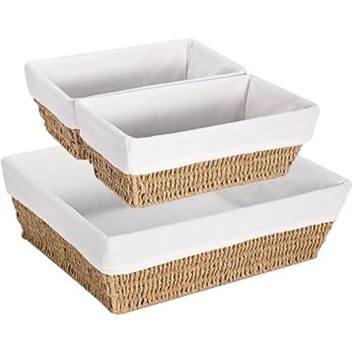 3ct mDesign Woven Farmhouse Kitchen Pantry Food Storage Basket Box, 3 Pack, White