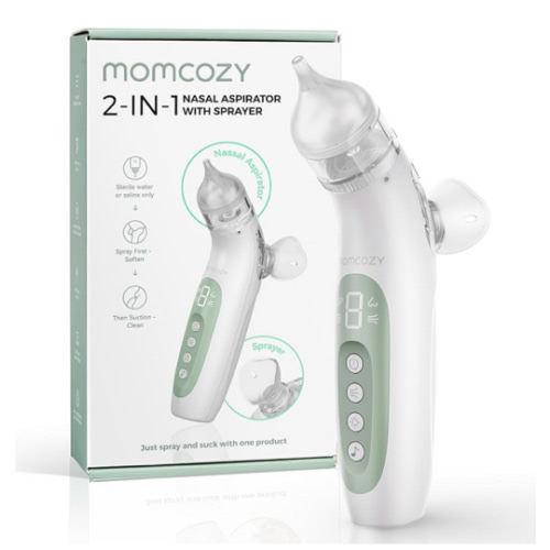 Momcozy Nasal Aspirator for Baby, Innovative 2-in-1 Electric Nose Suction with Spray, 65kPa Nose Sucker with 4 Adjustable Suction Levels,Portable Electric Nose Cleaner,Light & Music Soothing Functions