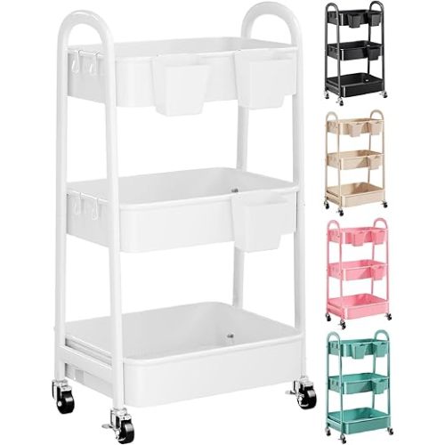 3 Tier Heavy Duty White Metal Rolling Cart with Lockable Wheels, Three Tier Roller Book Snack Cart, Utility Storage Organizer Carts for Kitchen, Bathroom, Garage, Baby Diaper, Craft, Art, Teacher