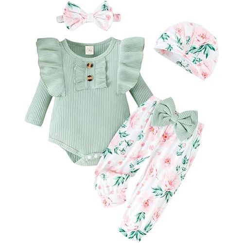 Baby Girl Clothes Infant Newborn Outfits Romper Pants Cute Bow Headband Hat Sets for Baby Girls (0-3-6-12-18 Months)