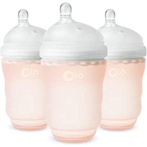 Olababy Gentle Silicone Baby Bottle, Anti-Colic, BPA Free, Easy to Clean and Wide Neck Baby Bottles Best for Breast Feeding Babies 3 Piece Set (8 Ounce, Coral)