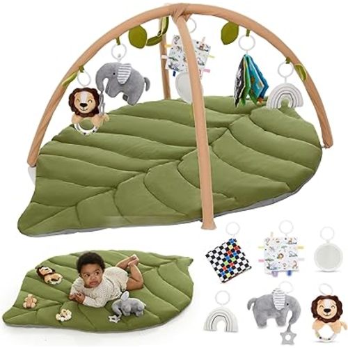 Baby Play Mat & Activity Gym - Tummy Time Mat with 6 Detachable Baby Toys | Oversized Leaf Modern Design Baby Play Gym | Perfect Baby Shower Gifts/Baby Must Haves - Developmental Activities for Baby
