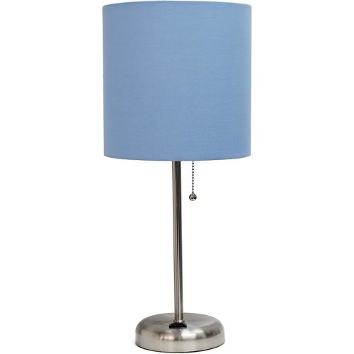 Simple Designs LT2024-BLU Brushed Steel Stick Table Desk Lamp with Charging Outlet and Drum Fabric Shade, Blue Shade