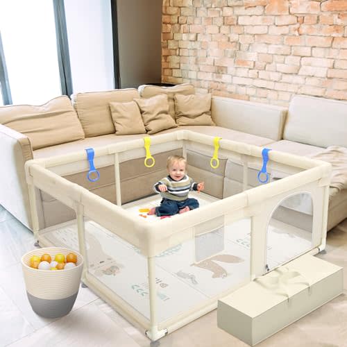 MiMi & Tom Baby Playpen with Mat – Safe Play Yard with 4 Pull-Up Rings, Ocean Balls & Toy Storage Basket – Large Minimalist Playpen for Babies & Toddlers (49” x 49”)