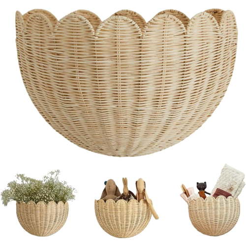 Scalloped Wall Basket,Handmade Woven Wicker Hanging Basket with Metal Frame for Wall Storage & Home Decor in Bathroom, Kitchen, Living Room (14"x6"x8"(2pcs))