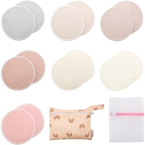 ALVABABY Nursing Pads 4 Layer Bamboo Breast Pads Soft Absorbent Maternity Reusable Pads Round Breastfeeding For Mothers Flat Bottom 4.72 Inch 14 Pieces of Washable Breastfeeding Pads Sets 14RDB01-CA