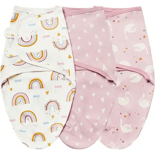 insular Baby Swaddle Sacks, Swaddle Blanket for Newborn and Infant, Adjustable Velcro Set for Boy and Girl, Soft Cotton Baby Sleep Sack 3 Pack (Pink Swan, Small(0-3M))