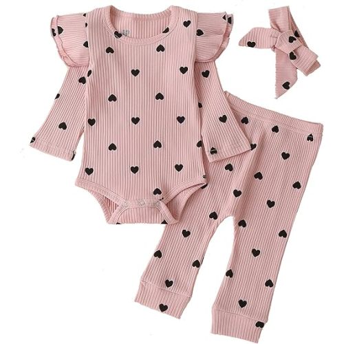 Fullfamous Baby Girl's 3pc Rib Frill Long Sleeve Romper and Pant Set