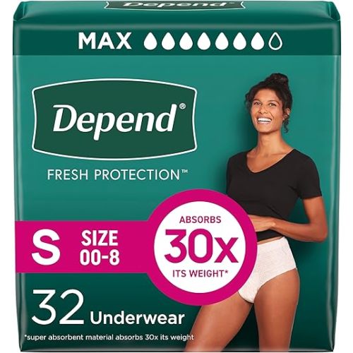 Depend Fresh Protection Adult Incontinence & Postpartum Bladder Leak Underwear for Women, Disposable, Maximum, Small, Blush, 32 Count, Packaging May Vary
