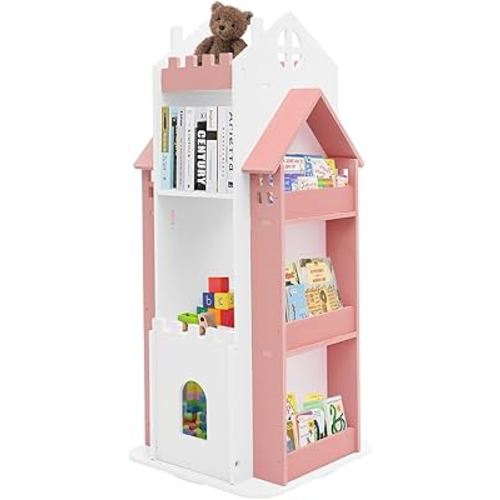 Rotating Bookshelf, Children's Bookcase 360° Revolving Floor Standing Shelves Rotating Bookshelf Kids Castle Bookshelves Tower Spinning Bookcase for Bedroom Living Room (White) (Pink,White)