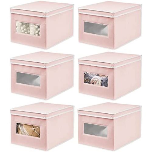 mDesign Soft Stackable Fabric Closet Storage Organizer Holder Box Bin with Clear Window, Attached Hinged Lid - Bedroom, Hallway, Entryway, Bathroom - Large - 6 Pack, Pink/White