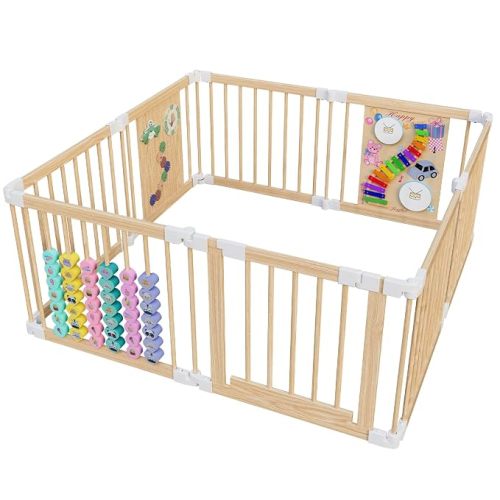 Baby Playpen - Adjustable Multi-Shape Wooden Play Yard, Portable Collapsible Activity Center with Baby Fence Play Area & Toys for Infants, Toddlers (57x57x24inch)