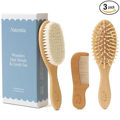 Natemia Wooden Baby Hair Brush & Comb Set - Natural Goat Hair Bristles & Soft Bristle Brush - Gentle Scalp Massage & Cradle Cap Comb - For Newborns & Toddlers, Baby Grooming Kit