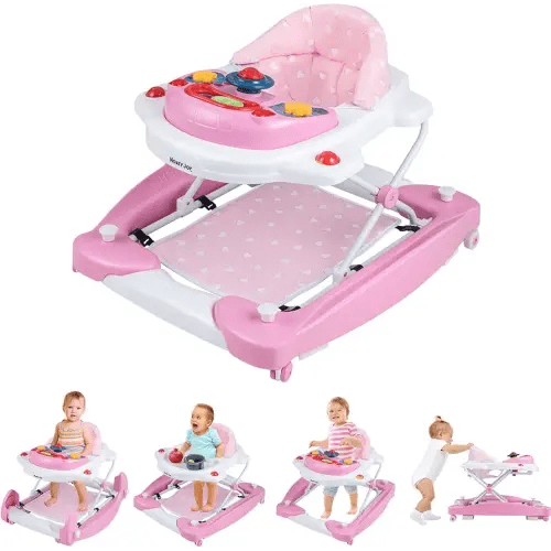 HONEY JOY Baby Walker, 6-in-1 Foldable Baby Walker and Bouncer Combo, Infant Activity Walker with Wheels, Adjustable Heights, Rocker, Music, Lights, Walker for Baby Boy Girl 7-14 Months (Pink)