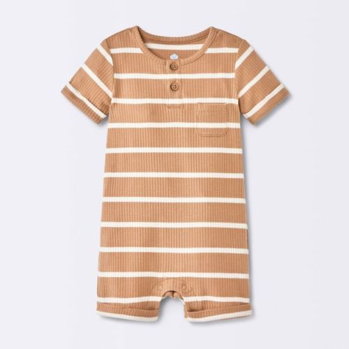 Baby Boys' Striped Henley Short Sleeve Romper - Cloud Island™ Brown 3-6M