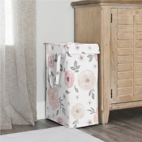 Watercolor Floral Pink And Grey Collection Laundry Hamper with Handles