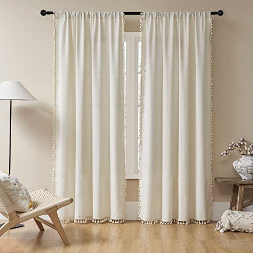 Joydeco Beige Boho Curtains 84 Inch Length 2 Panels, Super Soft Bohemian Farmhouse Curtains with Tassels, Semi Sheer Light Filtering Drapes for Bedroom Living Room (Rod Pocket, 52Wx84L)