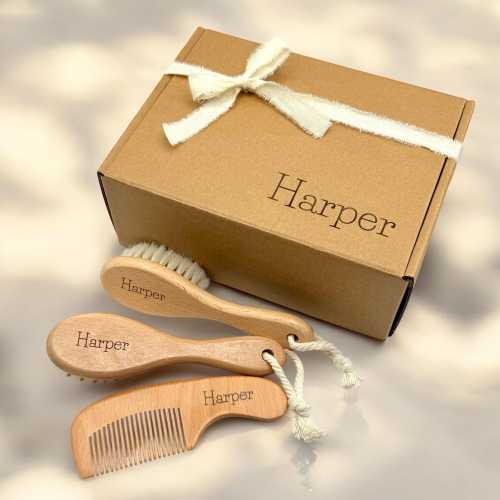 Personalized Baby Brush and Comb Set - Engraved Bamboo Brushes with Baby’s Name - Newborn Gift, Baby Shower Present, Keepsake Hairbrush Set