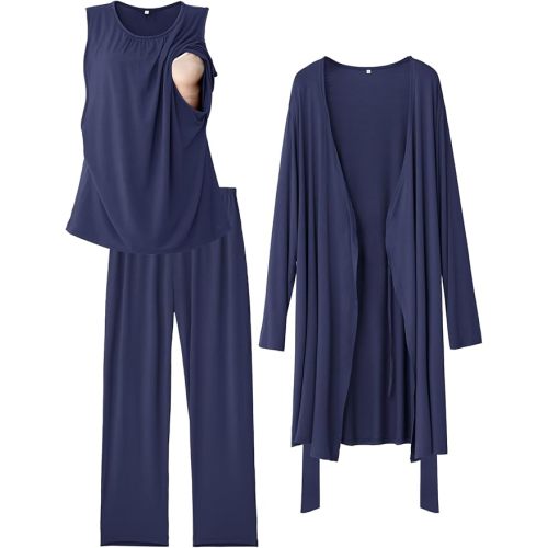 Rnxrbb Nursing Pajamas Robe Set for Women Breastfeeding Postpartum Pajama Gown for Hospital Maternity Pj 3 PCS