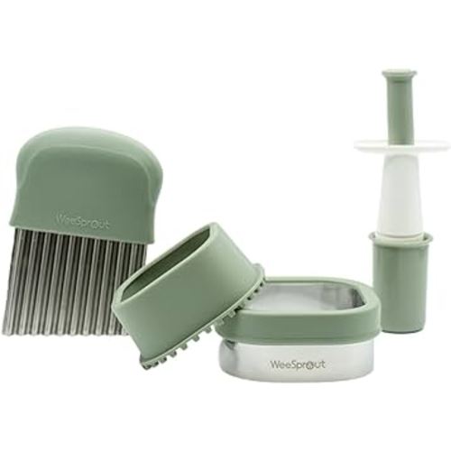 Baby Led Weaning Kitchen Tool Set, Includes Crinkle Cutter, Grape Cutter & Sandwich Cutter, Made In Collaboration With Feeding Specialist, Durable & Dishwasher Safe, Matte Green