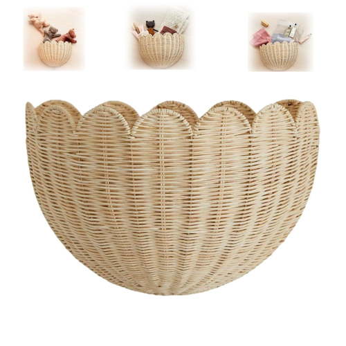Scalloped Wall Basket Handwoven Natural Rattan Storage Organizer with Sturdy Metal Frame, Nordic Style Wicker Decor for Wall Storage