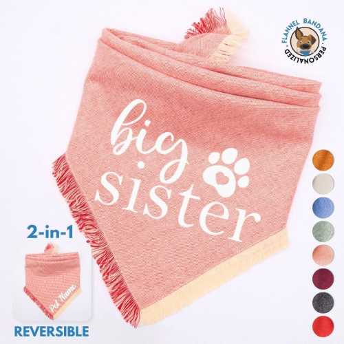 Personalized Flannel Reversible Dog Bandana - Baby Announcement 'Big Sister' with Paws Vinyl Print Dog Scarf - Soft & Stylish Pet Bandana