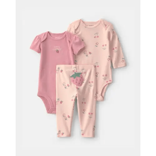 Baby Girl 3-Piece Strawberry Bodysuit & Pant Set - Pink | Carter's