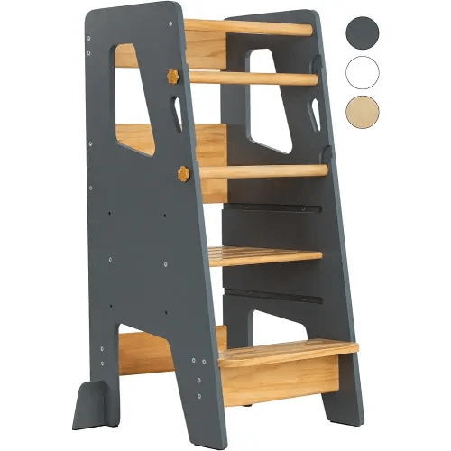 Toddler Standing Tower - Adjustable Height Toddler Kitchen Stool Helper - Ideal Kids Kitchen Step Stool for Learning New Skills - 2024 Design with Safety Feet - Gray