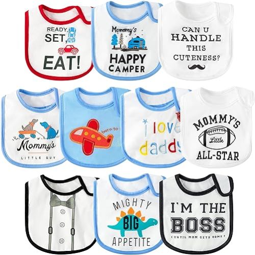 BWkoss 10Pcs Waterproof Baby Bibs Unisex Newborn Babies Food Bibs Baby Keepsake Birthday Gift for Drooling Feeding Eating Teething, 6-12 Months