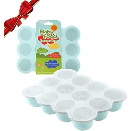 Samuelworld Baby Breast Milk and Food Storage Container, 12 Portions x 2.5oz, Stackable Food Grade Silicone Tray with Clip-On Hard Lid for Homemade Purees, Vegetables & Fruits - Teal