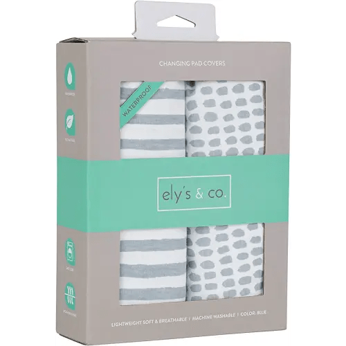 Ely’s & Co. Patent Pending Waterproof Changing Pad Cover|Cradle Sheet 2-Pack Set for Baby Boy - 100% Cotton, Jersey Knit Cotton Sheets with Waterproof Lining — Misty Blue, Stripes and Splashes
