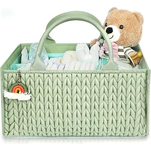 MOMINSIDE Diaper Caddy Organizer, Baby Basket Nursery Storage, Caddy Organizer for Portable Changing Table Dresser Car, Baby Registry Baby Shower Gifts for Girl Boy(Fair Green)