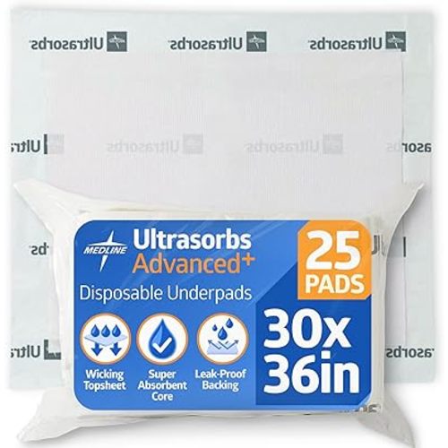 Medline Ultrasorbs Drypads, 30" x 36", 25 Count, Super Absorbent Disposable Bed Pads, Large Incontinence Bed Pads, Chucks Protective Underpads, 10 Times More Absorbent, For Adults, Elderly