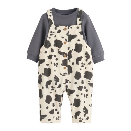 Kids' Cow Print Corduroy Overalls & Long Sleeve Bodysuit Set