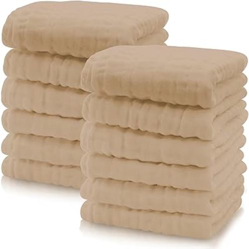 Cute Castle 12 Pack Muslin Baby Washcloths - Large 12'' by 12'' - Ultra Soft 100% Cotton - Super Absorbent Burp Cloths for Unisex, Boy, Girl -Brown