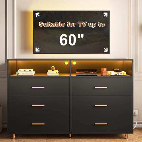 Romorgniz 6-Drawer Dresser with LED Light & Shelves,47.3" Wide Wood TV Stand for Bedroom,Hallway,Living Room & Closet Storage,Black