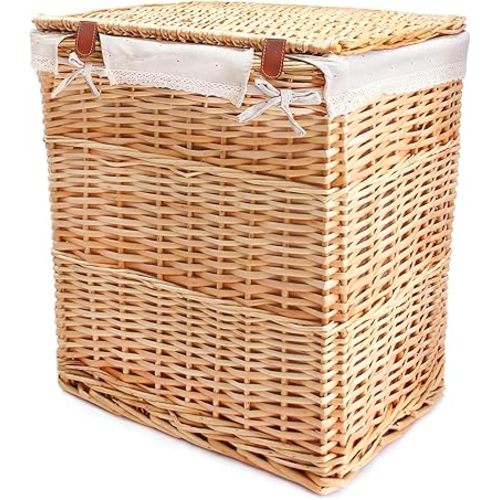 Handwoven Wicker Laundry Basket with Lid, 90L Capacity,with Removable Liner Bags and Lips,Clothes Hamper, Laundry Sorter, Natural