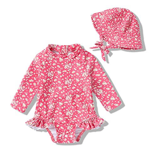Infant Baby Girl Swimsuit One-Piece Long Sleeve Rash Guard with Hat Set Floral Zipper Bathing Suit Leopard Beach Wear
