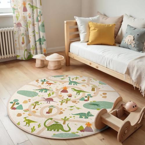 Dinosaur Adventure Kids Room Round Rug - Colorful Dino Circle Carpet - Prehistoric Safari Playroom Mat - Beige Nature Trail Nursery Decor