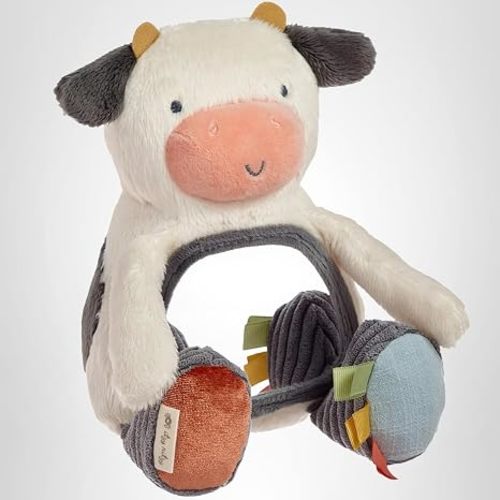 Itzy Ritzy Sensory Tummy Time Toy Mirror - Features Crinkle & Jingle Sounds, Multiple Textures and Mirror for Self-Discovery, Infant Toy for Ages 0 Months and Up, Cow