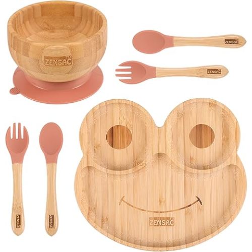 6PCS Bamboo Baby Feeding Set, Baby Suction Bowl & Plate with Silicone Spoons & Forks, Wooden Feeding Supplies for Infant & Toddlers, Baby Led Weaning Supplies Non Slip & BPA Free (Orange-Frog)