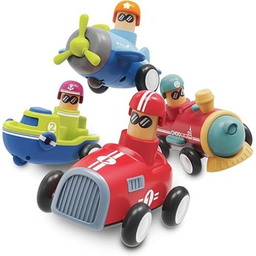 LiKee Toy Cars for Toddlers 1 2 3 4 Years Old Boy Girl, 4 Pcs Pull Back Cars for 18+ Months Baby Infant Gift, Kids Trucks Push and Go Back Friction Powered Vehicles (Transport)