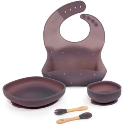 Paperclip Color-Changing Silicone Baby & Toddler Foodie Kit - Including Bib, Suction Bowl, Suction Plate, and Spoon & Spork Set - 100% BPA Free - Light Moon