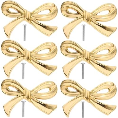 Varku Gold Bow Drawer Pulls, 6PCS Brass Forged, Gold Bow Dresser Knobs, Bow Knobs for Cabinets Drawers with Mounting Screws