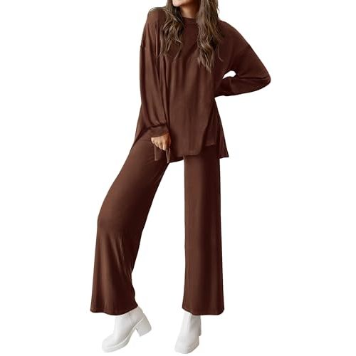 PRETTYGARDEN Womens 2 Piece Outfits Crewneck Long Sleeve Tops Wide Leg Long Pants Casual Lounge Set Tracksuit